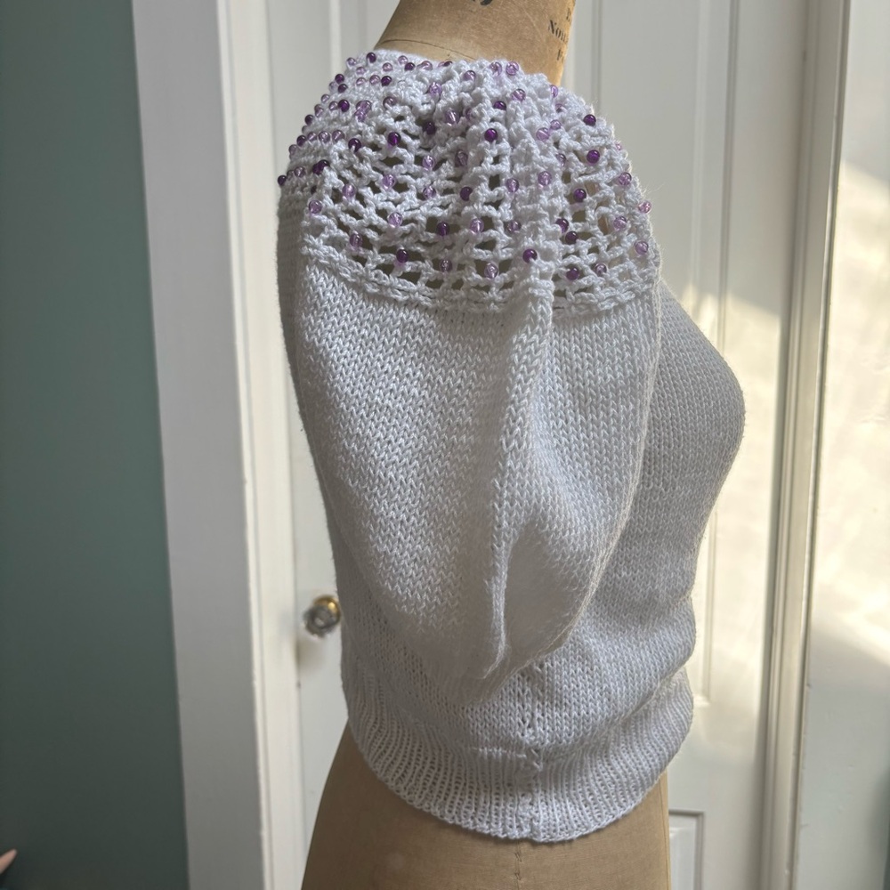 Hand Crafted White Sweater with Purple Accents - Picture 4 of 5